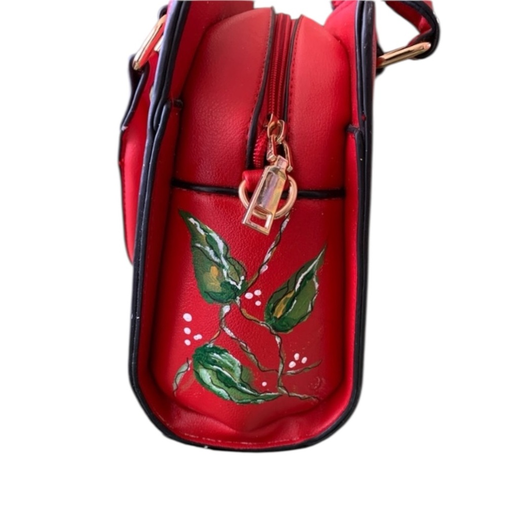 Custom Hand Painted "Lady In Red" Floral Upcycled Shoulder Bag- One of a kind! - Picture 6 of 9